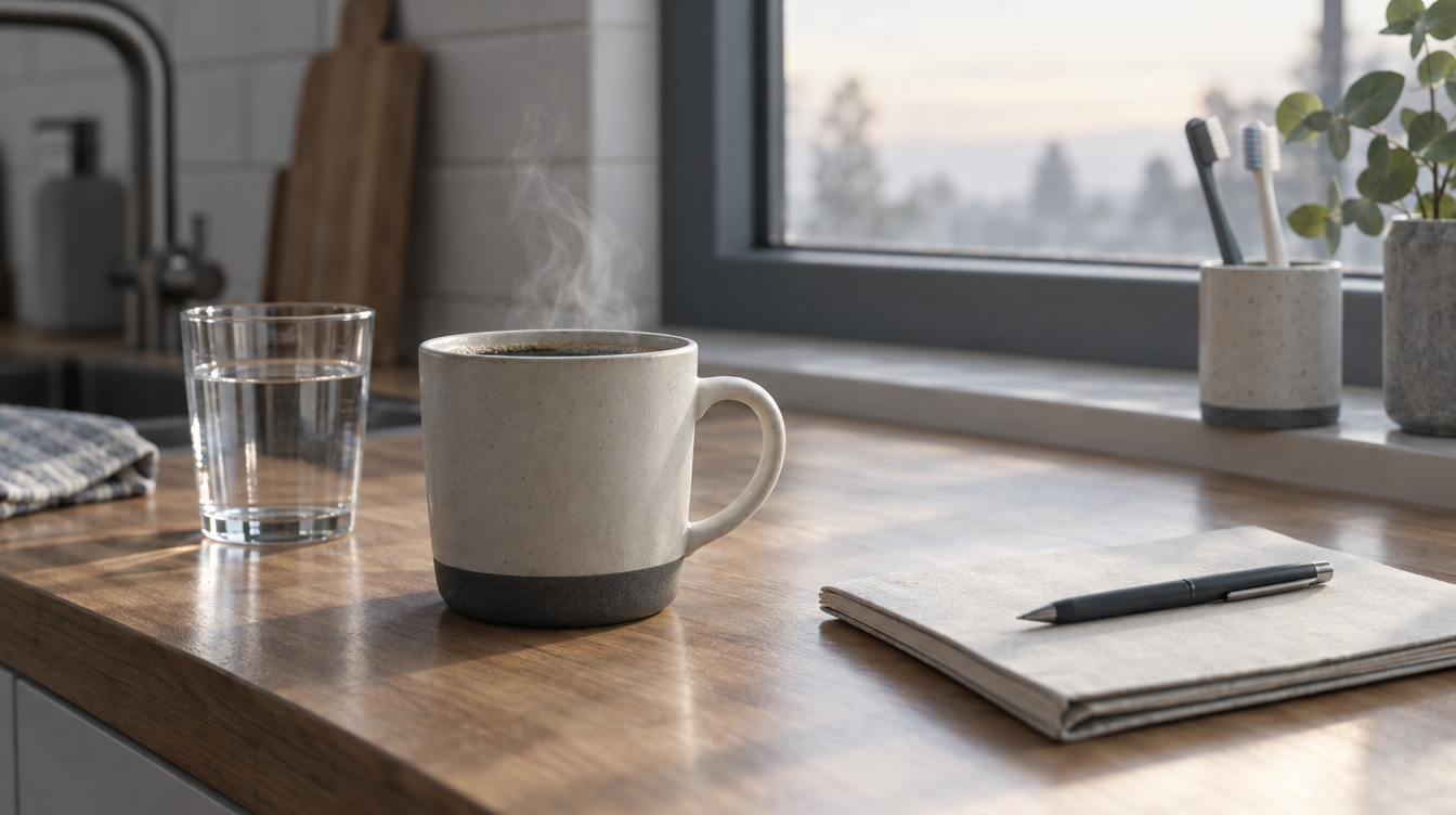 A quiet kitchen counter at dawn with a mug of coffee, a glass of water and a notebook